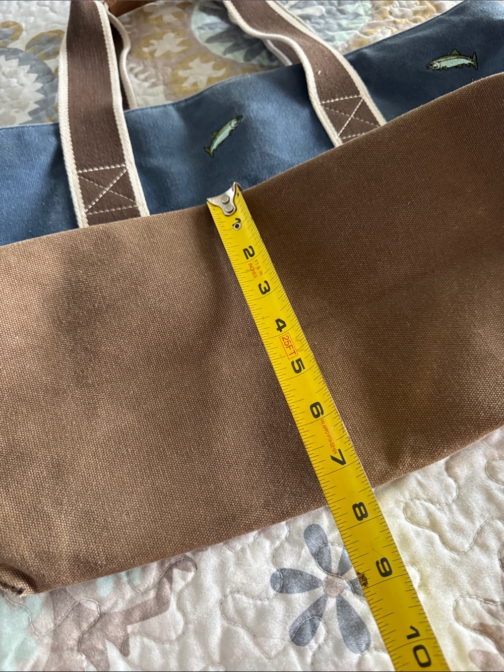 L.L. Bean Vintage  RARE Navy Canvas Tote w/ Fish Embroidery & Leather Brown Trim - Picture 9 of 13